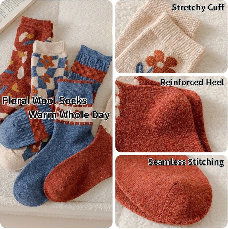 FORJMMP 5/10 Pairs Wool Socks for Women Thick Knit Vintage Cute Floral Crew Socks - Image 3